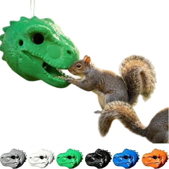Dinosaur Head Squirrel Feeder, Stylized Hanging Feeding Station, Convenient Container For Various Squirrel Foods, Eye-Catching Decor For Outdoor Living Areas
