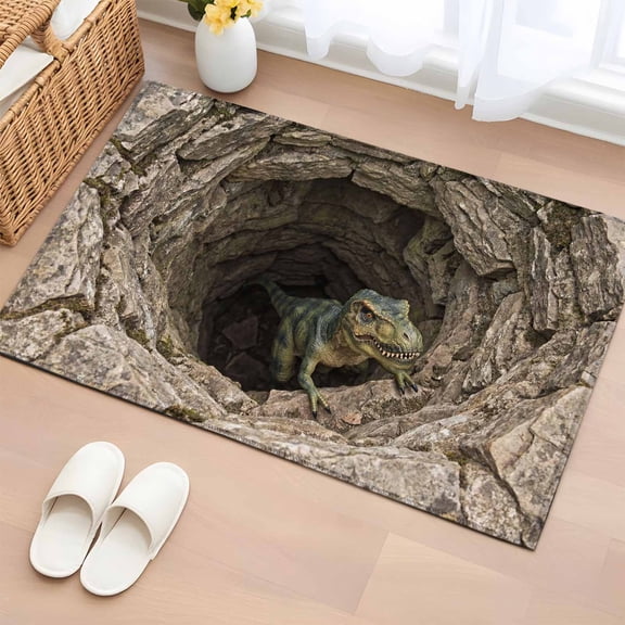 Dinosaur in Hole 2'x3' Rug for Entryway Front Door Kitchen Sink Area, 3D Realistic Country Nature Cave Green Animal Low Pile Non Slip Rectangle Area Rug, Machine Washable Indoor Outdoor Mat