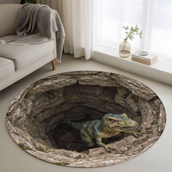 Dinosaur in Hole Round Rugs for Living Room 3ft 3D Realistic Country Nature Cave Green Animal Non Slip Circle Rug Washable Low-Profile Indoor Carpet for Bedroom, Dining Room, Bathroom