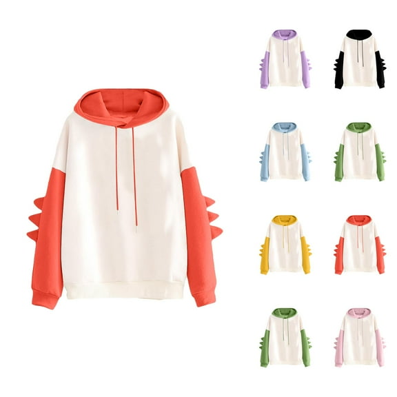 Dinosaur Hoodie for Women Long Sleeve Color Block Cute Dino Hoodies Hooded Sweatshirt Hoodie Women Pullover