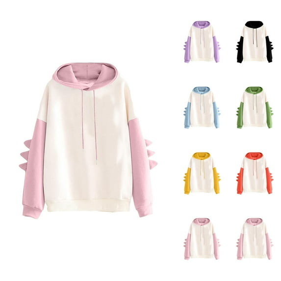 Dinosaur Hoodie for Women Long Sleeve Color Block Cute Dino Hoodies Hooded Sweatshirt Hoodie Women Pullover