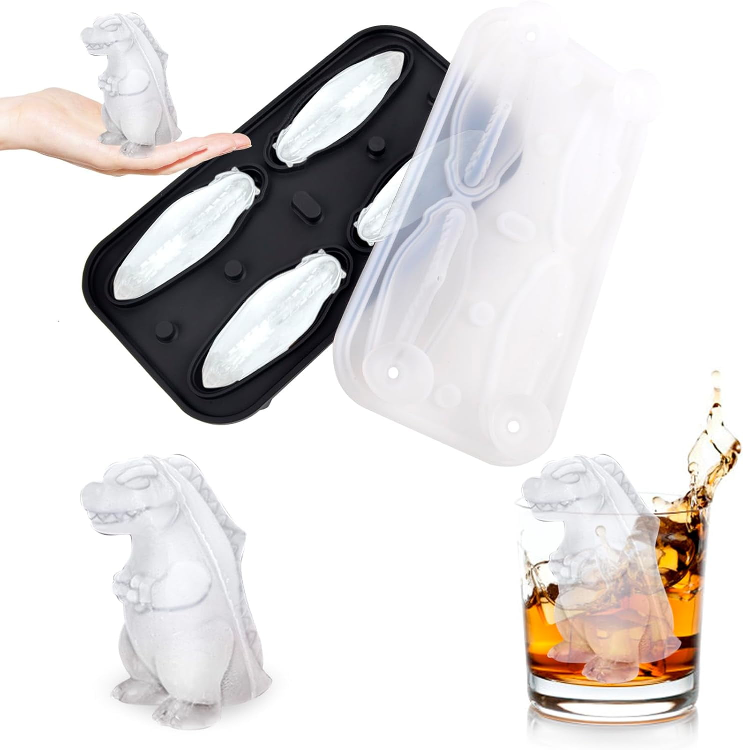 Dinosaur Ice Cube Tray Mold - 3D Dino Shape Ice Cube Trays, Cute Monster Ice Cube Molds for Whiskey Bourbon, 4-Hole Large Fun Shapes Ice Cube Trays with Lid, Funny Dinosaur Gifts for Lovers Women Men