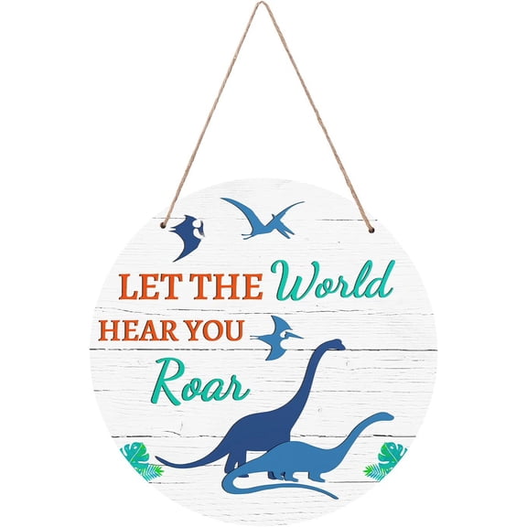 Dinosaur Inspirational Quotes Wood Hanging Sign Plaque Let The World Hear You Roar Wooden Door Rustic Dinosaur Wall Art Sign for Boys Bedroom Playroom Decor 11.8x11.8in colorful