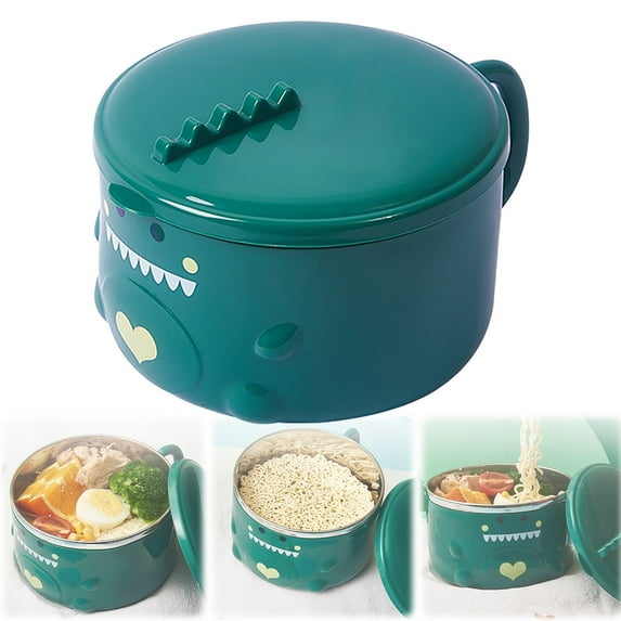 Dinosaur Instant Noodle Bowl with Lid, 304 Stainless Steel Ramen Soup Bowl, Cute Lunch Bowl for Work School Picnic, Reusable Camping & Birthday Gift Bowl for Kids Adults