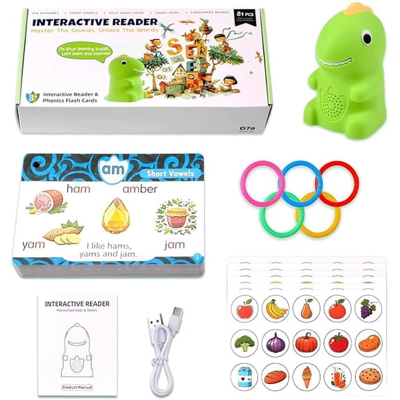 Dinosaur Interactive Reading Pen with Talking Flash Cards, 75 Cards Educational Learning Tool for Early Literacy, Rechargeable Phonics Reader with Adjustable Volume & Screen-Free Design