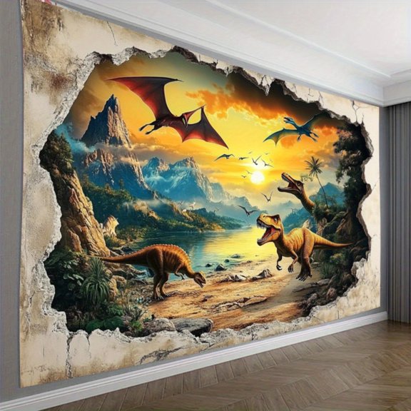Dinosaur Jungle Adventure Polyester Wall Mural Backdrop Banner, Prehistoric Creature Mountain Sunset Pattern Fabric Background for Birthday Party Photo Booth and Children Room Decor 82.6x59 Inch