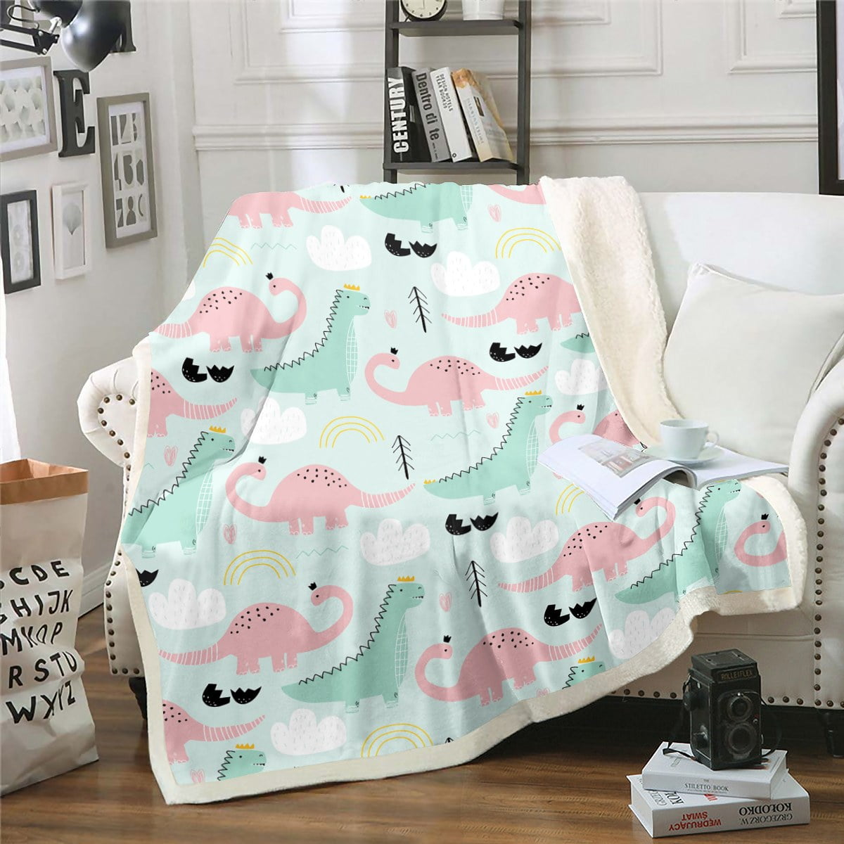 Dinosaur Kawaii Throw Blanket for Girls Kids Boys,Pink Teal Dinosaurs