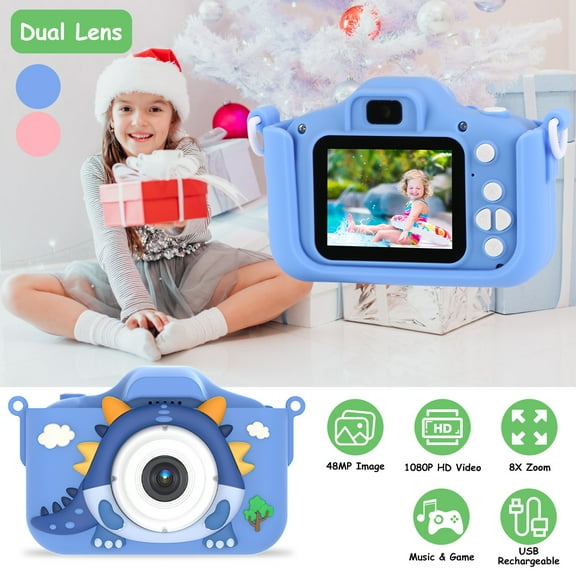 Dinosaur Kids Camera 48MP 1080P HD Kids Digital Camera with 32G MMC Card Kids Selfie Camera with Music and Game Fun Birthday Idea Gifts for Kids Aged 6+ Blue