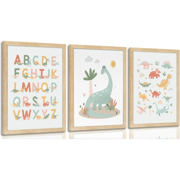 Dinosaur Kids Playroom Canvas Wall Art ABC Alphabet Painting Picture Wall Decor Funny Nursery Poster Print Artwork for Children Room Boy Room Girls Room Bedroom Home Decoration(Framed canvas)