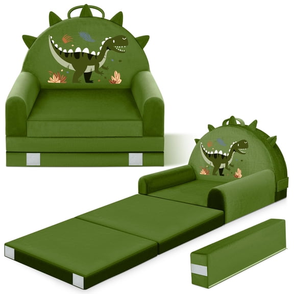 Dinosaur Kids Sofa Bed with Removable Washable Cover & Hook and Loop Backrest – 2-in-1 Toddler Bed Chair, Toddler Couches That Fold Out Furniture for Playtime Trave( Green)