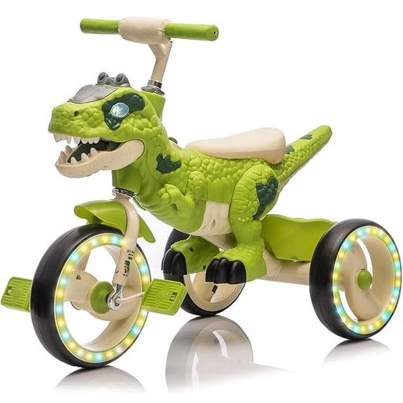Dinosaur Kids Tricycle for Ages 3-6, Toddler Trike Bike with Wide Flash Wheels, Anti-Slip Pedals, Storage Basket, Music and LED Lights, Kids Ride On Bike for Boys and Girls,(Green)