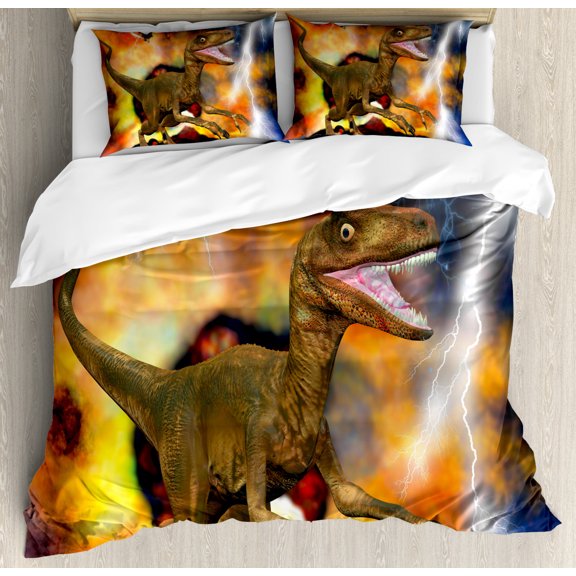 Dinosaur King Size Duvet Cover Set, Dramatic Explosions Catastrophe Destruction Background with Allosaurus Fragilis, Decorative 3 Piece Bedding Set with 2 Pillow Shams, Multicolor, by Ambesonne