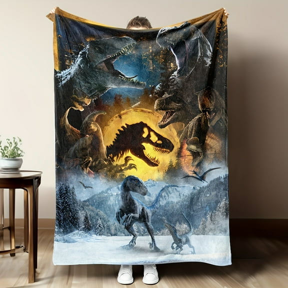 Dinosaur Kingdom Flannel Throw Blanket Vibrant Prehistoric Scene with Dinosaurs Forest and Sunset Soft Warm and Tear-Resistant