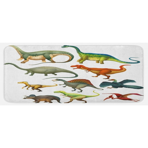 Dinosaur Kitchen Mat, Various Different Animals from Jurassic Period Cartoon Mammals Pattern, Plush Decorative Kitchen Mat with Non Slip Backing, 47" X 19", Multicolor, by Ambesonne
