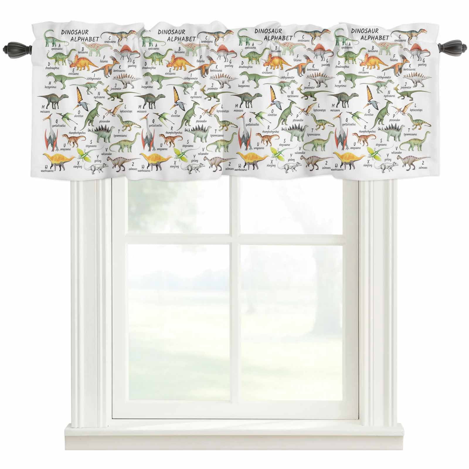 Dinosaur Kitchen Valances for Windows, Funny Dino Cute Cartoon Boys Girls Children Bathroom Window Valances 60x18 Inch Rod Pocket Window Treatments Valance Curtains for Living Room Bedroom Decor