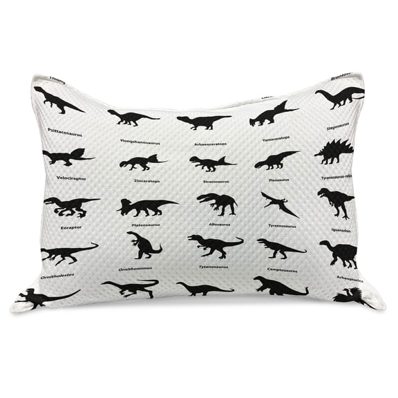 Dinosaur Knitted Quilt Pillowcover, Composition Different Dinosaurs Silhouettes Their Names Evolution Wildlife, Standard King Size Pillow Cover for Bedroom, 30" x 20", Black White, by Ambesonne