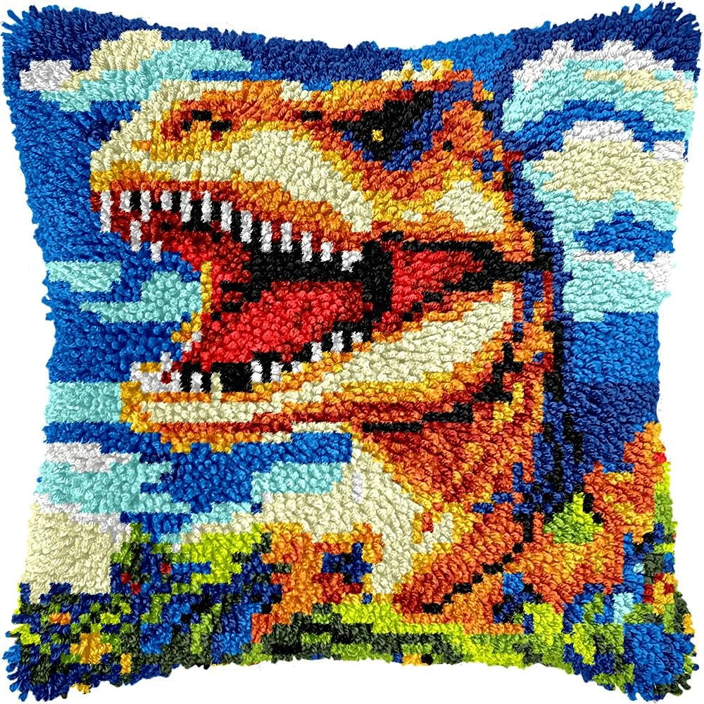 Dinosaur Latch Hook Kits Pillow DIY Pillowcase Crochet Hook Cushion Making Kits with Preprinted Pattern Canvas Instruction Yarns Pillow Cover Easy Starter DIY Crochet Kits 43x43cm（L10)