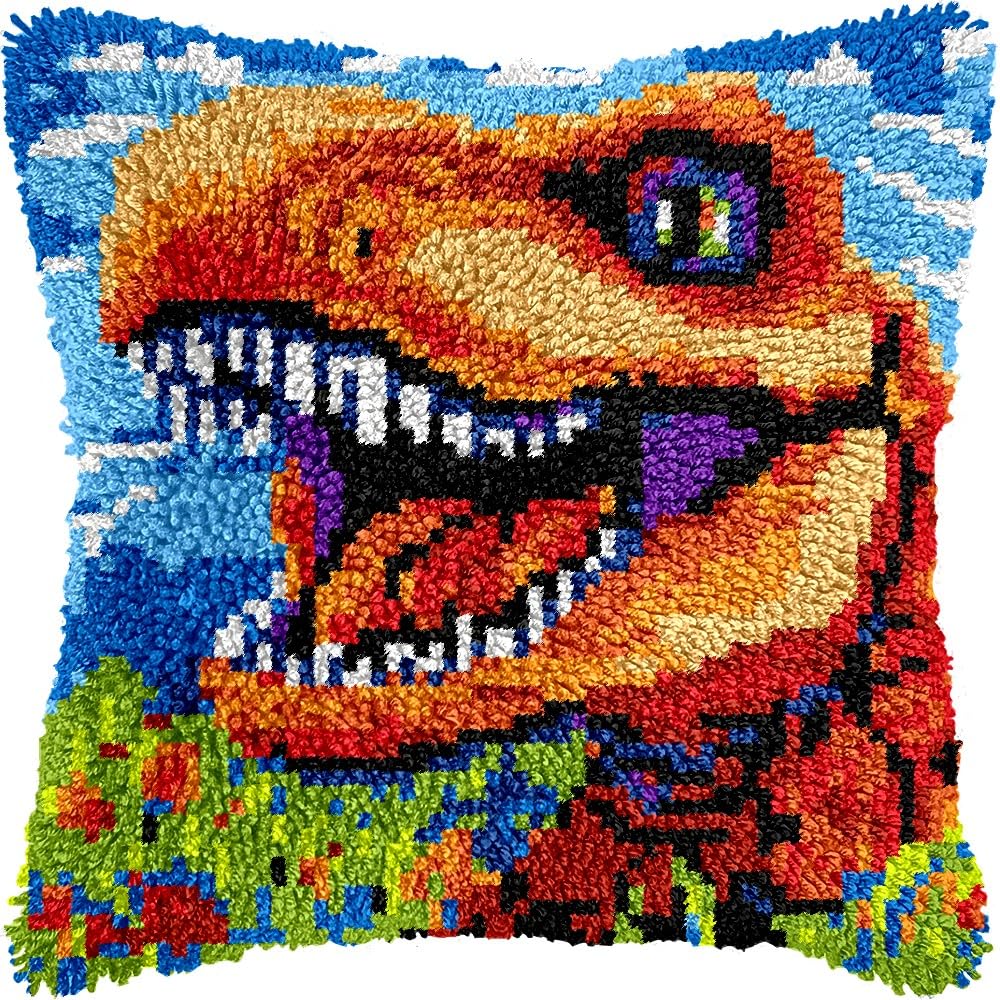 Dinosaur Latch Hook Kits Pillow kits Cushion Throw Pillow Embroidery Craft Kits DIY Kits of DIY Hooking Pillowcase Cover Supplier with Color Printed Canvas 43x43cm (198)