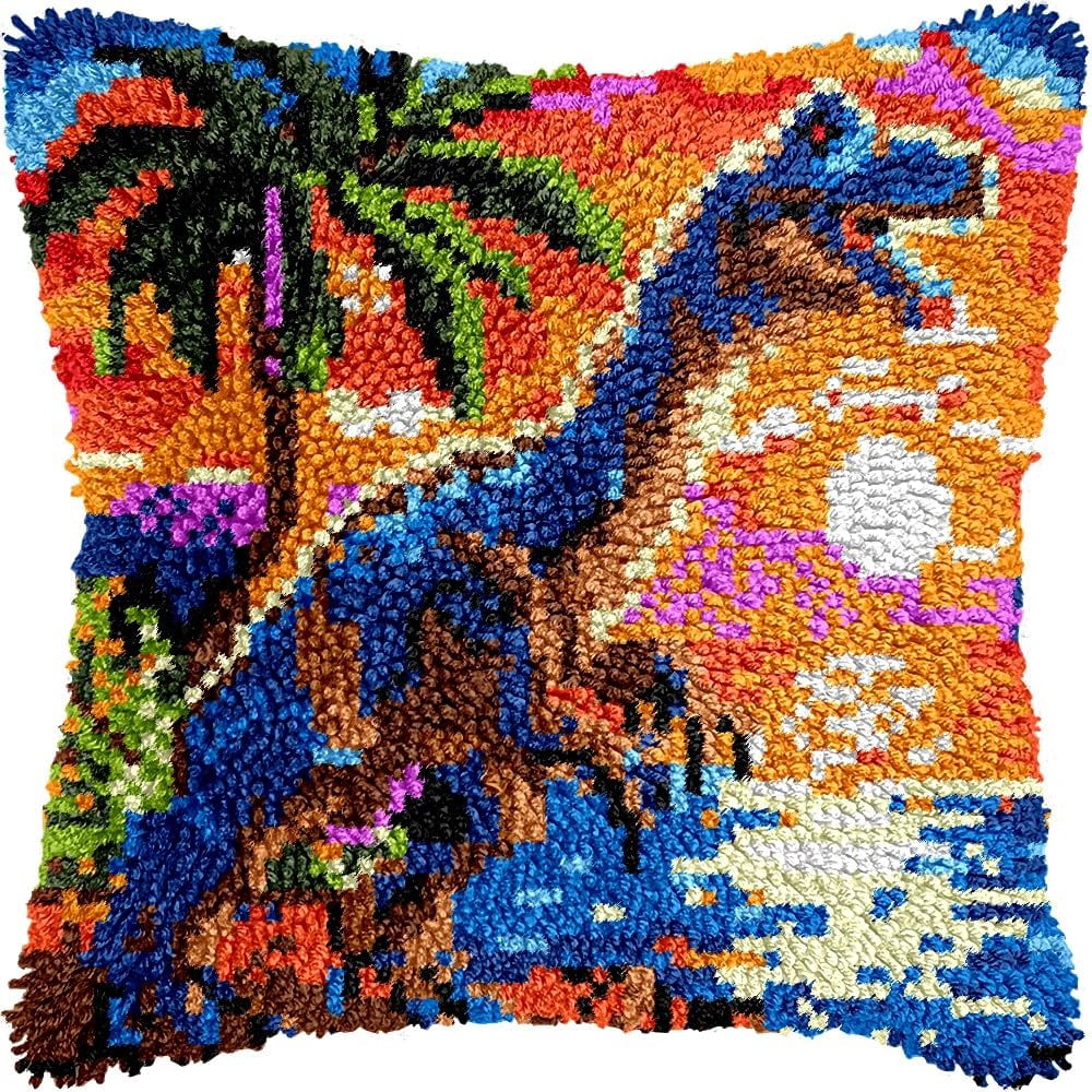 Dinosaur Latch Hook Pillow Kits for DIY Handmade Throw Pillow Cushion Embroidery Latch Hooking Pillowcase Kits with Preprinted Canvas Crochet Yarn Kits 17''X 17''(g176)