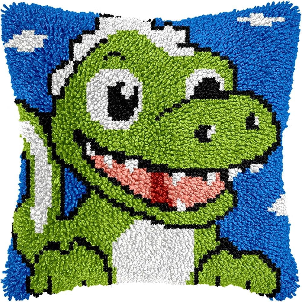 Dinosaur Latch Hook Pillow Kits for DIY Throw Pillow Cushion Embroidery Latch Hooking Pillowcase Kits with Preprinted Canvas Crochet Yarn Kits for Home Decor 17''X 17''(d75)