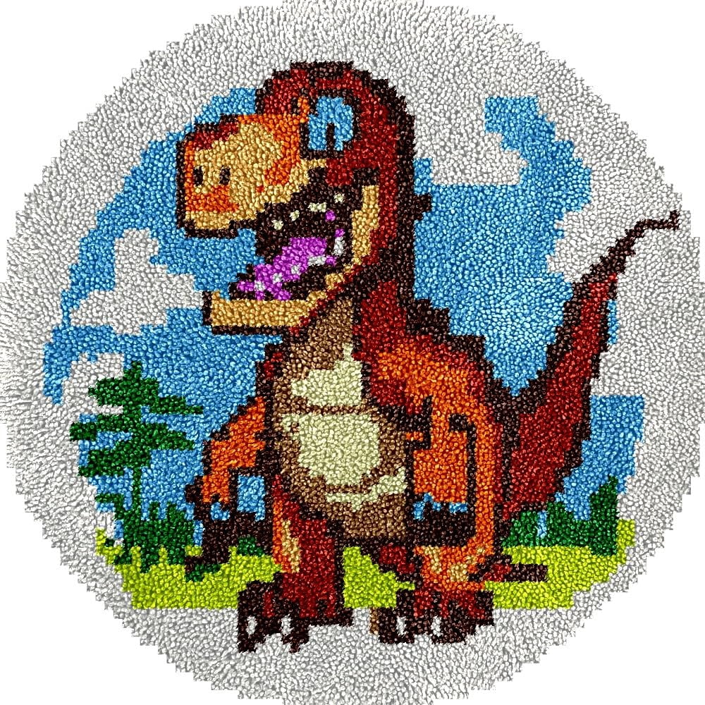 Dinosaur Latch Hook Round Rug Kits Set for Starter Crochet Handmade Hooking Cushion Mat Sofa Seat Cushion Crocheting Kits with Preprinted Canvas Crochet Yarn Kits 50X50CM (r106)