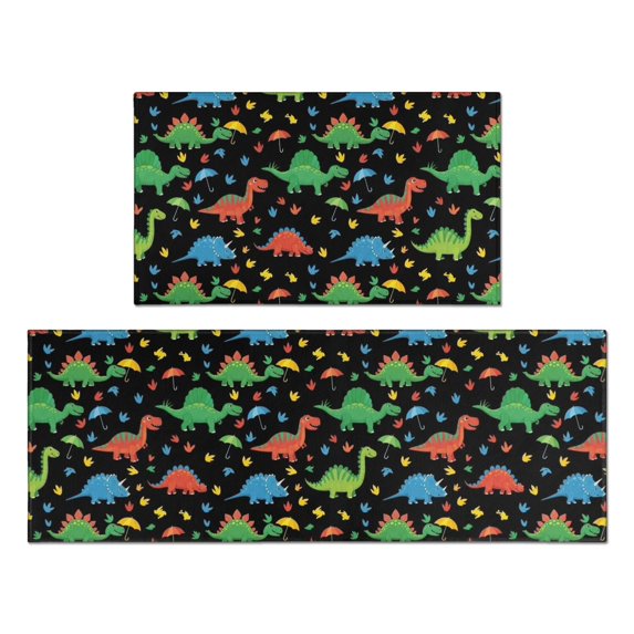 Dinosaur and Leaf Black Pattern Anti Fatigue Kitchen Rugs Set Of 2, Non Slip Washable Decorative Floor Mats for Kitchen Sink Laundry, 17"x30" and 17"x47"