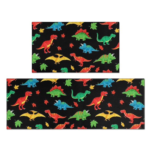 Dinosaur and Leaf Black Pattern Anti Fatigue Kitchen Rugs Set Of 2, Non Slip Washable Decorative Floor Mats for Kitchen Sink Laundry, 17"x30" and 17"x47"