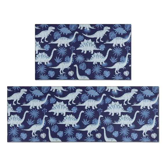 Dinosaur and Leaf Navy Blue Pattern Anti Fatigue Kitchen Rugs Set Of 2, Non Slip Washable Decorative Floor Mats for Kitchen Sink Laundry, 17"x30" and 17"x47"