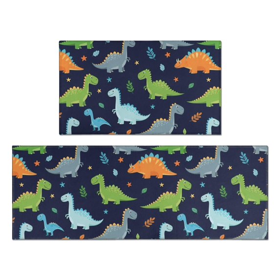 Dinosaur and Leaf Navy Blue Pattern Anti Fatigue Kitchen Rugs Set Of 2, Non Slip Washable Decorative Floor Mats for Kitchen Sink Laundry, 17"x30" and 17"x47"
