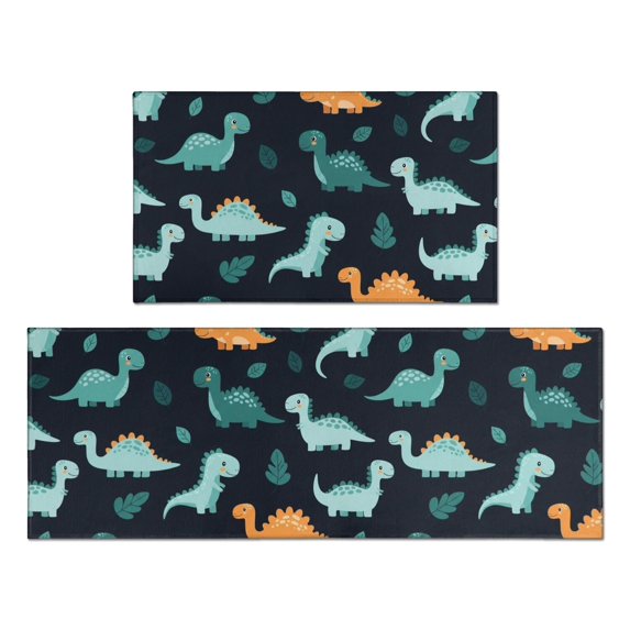 Dinosaur and Leaf Navy Pattern Anti Fatigue Kitchen Rugs Set Of 2, Non Slip Washable Decorative Floor Mats for Kitchen Sink Laundry, 17"x30" and 17"x47"
