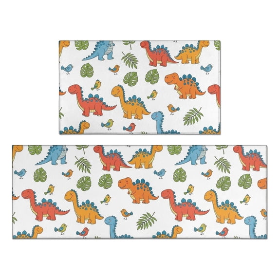 Dinosaur and Leaf White Pattern Anti Fatigue Kitchen Rugs Set Of 2, Non Slip Washable Decorative Floor Mats for Kitchen Sink Laundry, 17"x30" and 17"x47"