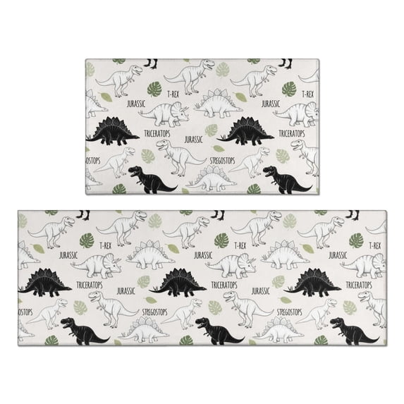 Dinosaur and Leaf Off White Pattern Anti Fatigue Kitchen Rugs Set Of 2, Non Slip Washable Decorative Floor Mats for Kitchen Sink Laundry, 17"x30" and 17"x47"