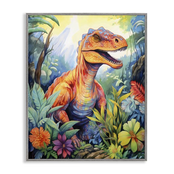 Stupell Industries Dinosaur Leafy Green Jungle Gray Framed Giclee Art, design by Creative Studio, 30 x 24