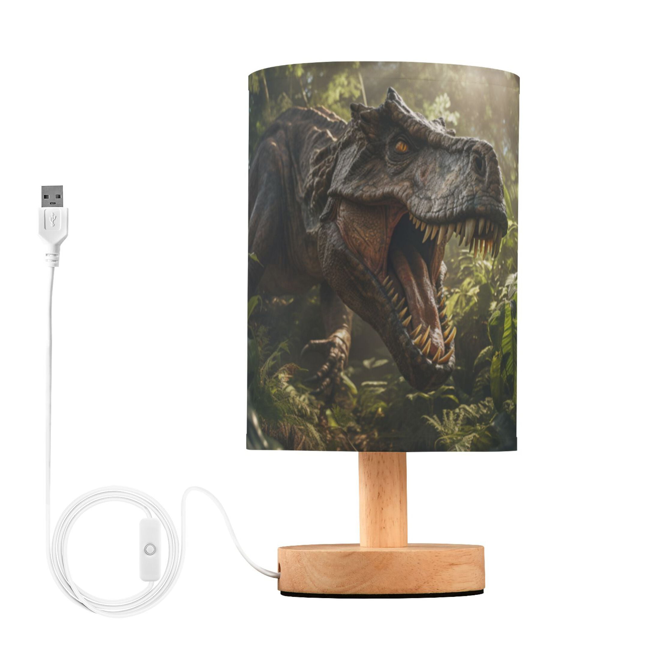 Dinosaur Leaves Trees Sunlight Table Lamp USB Bedside Desk Nightstand Lamp Printed Gifts Small Lamp Wood Base for Bedroom Living Room Kids Room College Dorm