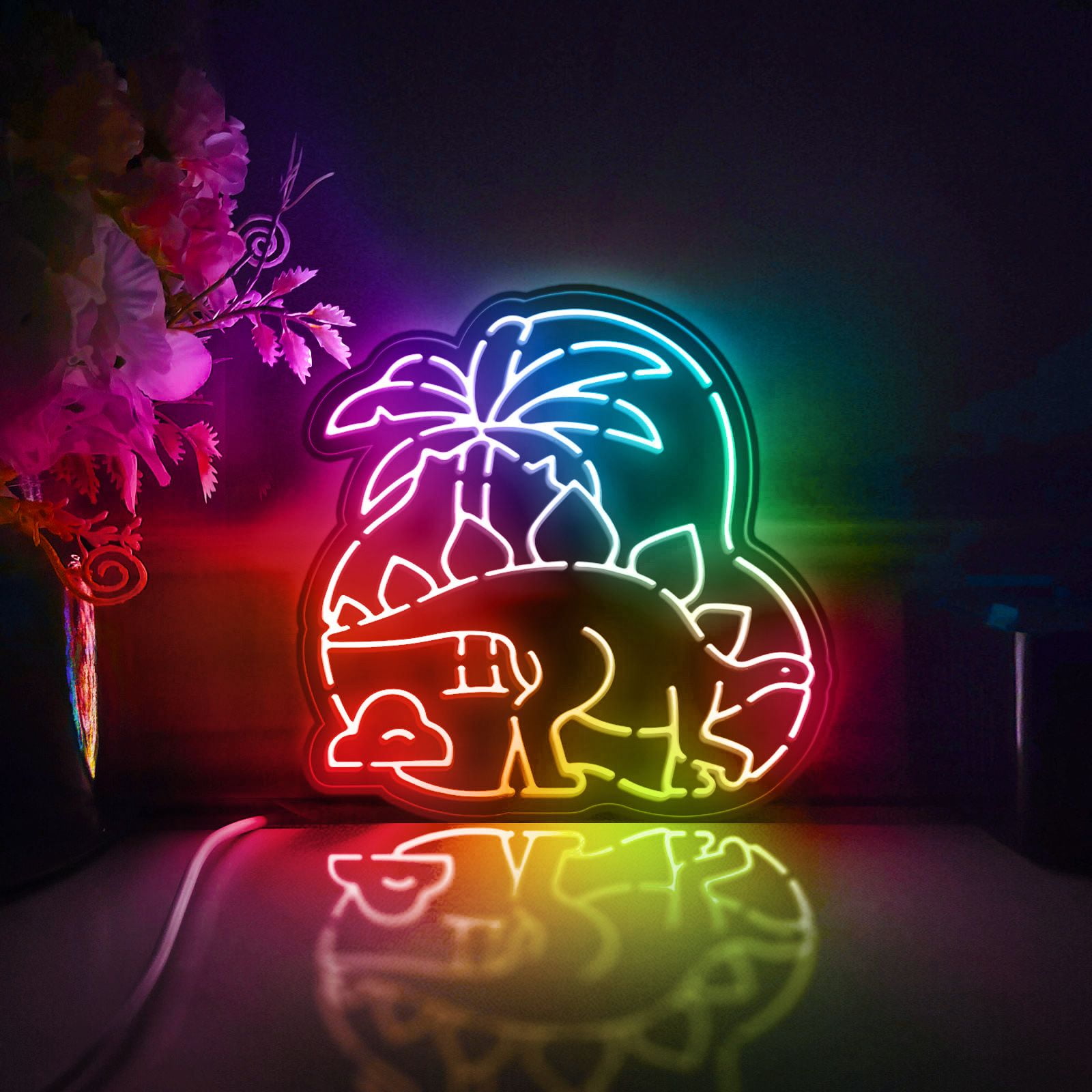 Dinosaur Led Light Box, Dimmable Neon-Like Light Signs USB Power for Wall Decor Bedroom Decoration, Color Flow Effect (WxH) 11"x11"