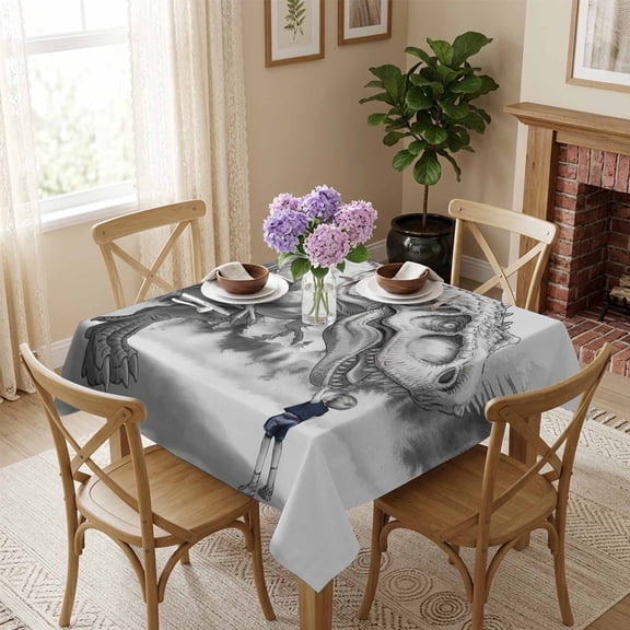 Dinosaur Little Boy Square Tablecloth 54x54 Inch Abstract Forest Cartoon Gray Waterproof Polyester Tablecloth for Dining Table, Washable Table Cover for Kitchen Dining Room Wedding,Stain Resistant