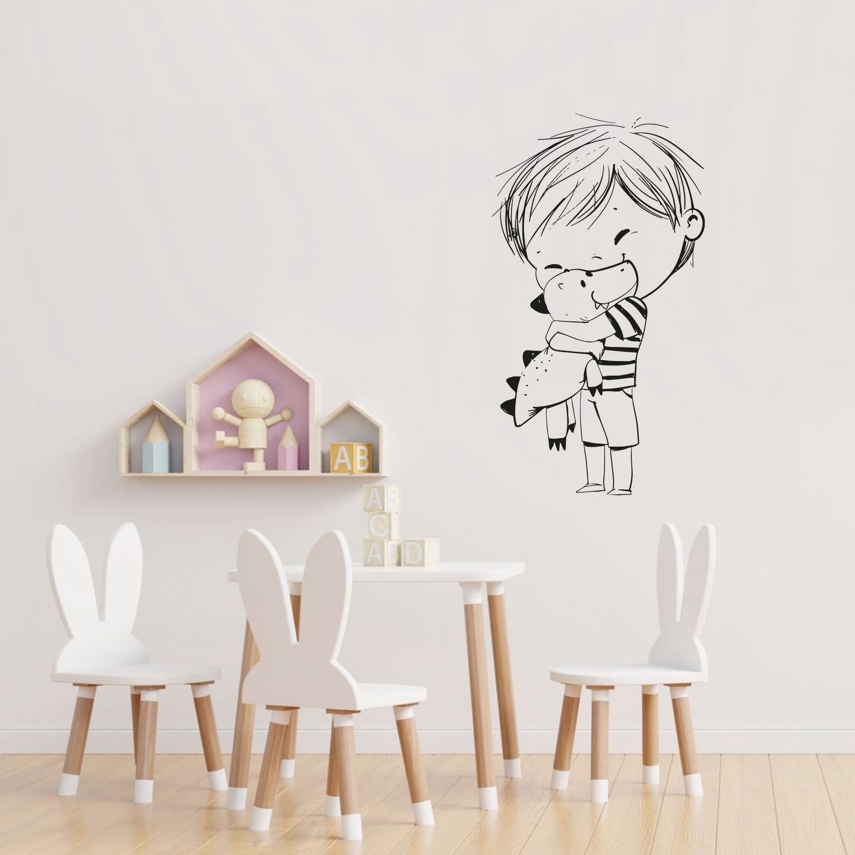 Dinosaur Love Cute Dinosaur Toy Happy Kid Playing Silhouette Vinyl Design Wall Sticker Wall Art Wall Decal Dino Love Boy Girl Kid Room Bedroom Nursery Kinder Home Decor Decoration Size (20x8 inch)