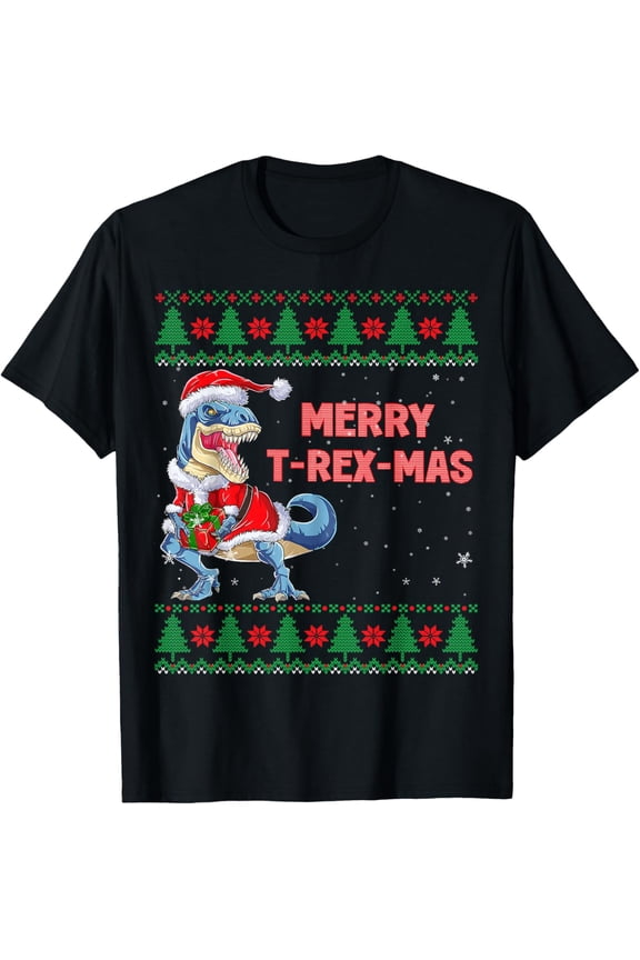 Dinosaur Merry T-rex-mas Christmas Ugly Sweater Santa Squad T-Shirt- American fashion hot selling casual retro high quality 100% cotton T-shirt 1 piece