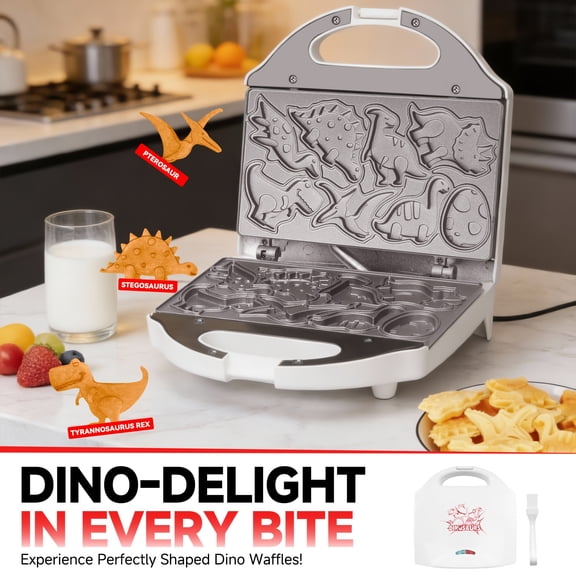 Dinosaur Mini Waffle Maker, 8 Different Double-sided, 3D Shaped Dinosaurs, Children's Breakfast Fun with Cool And Novel Pancakes, Electric Roaster, Non Stick Waffle Iron, Gift for Him, White