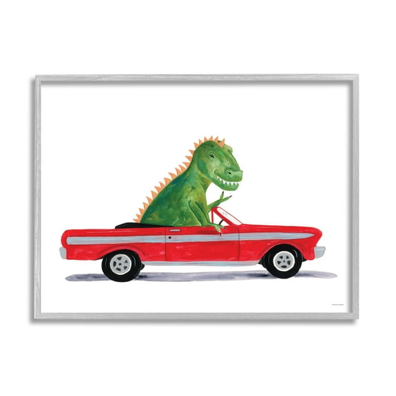 Dinosaur Monster Sports Car Fairy Tales & Fantasy Graphic Art Gray Framed Art Print Wall Art