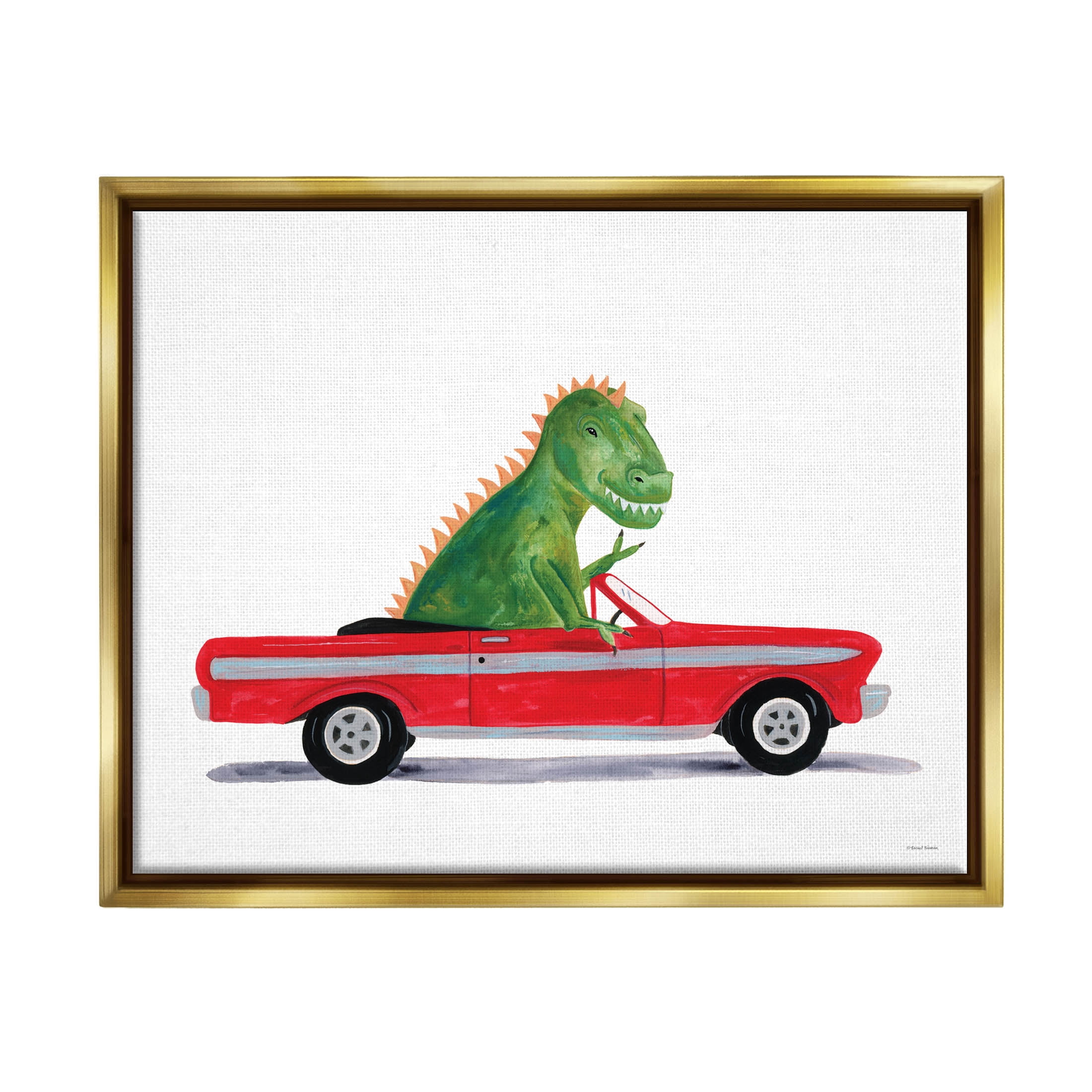 Dinosaur Monster Sports Car Fairy Tales & Fantasy Graphic Art Metallic Gold Framed Art Print Wall Art