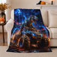 thumbnail image 1 of Dinosaur Monster Truck Fiery Landscape Epic High-Action, Dramatic Gothic Scene, Warm Flannel Blanket for Living Room and Bedroom, Art Lovers Housewarming Gift, Gothic Home Decor, 1 of 9