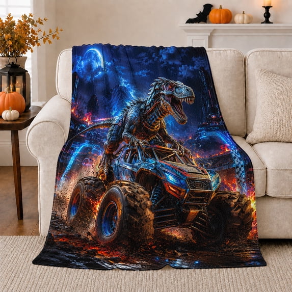 Dinosaur Monster Truck Fiery Landscape Epic High-Action, Dramatic Gothic Scene, Warm Flannel Blanket for Living Room and Bedroom, Art Lovers Housewarming Gift, Gothic Home Decor