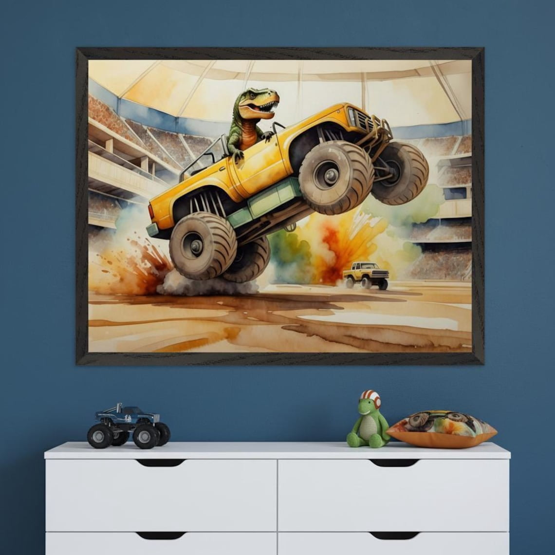 Dinosaur Monster Truck Style Wall Art Boys Room Decor Dino Driving Unframed Paper Poster 16x20in