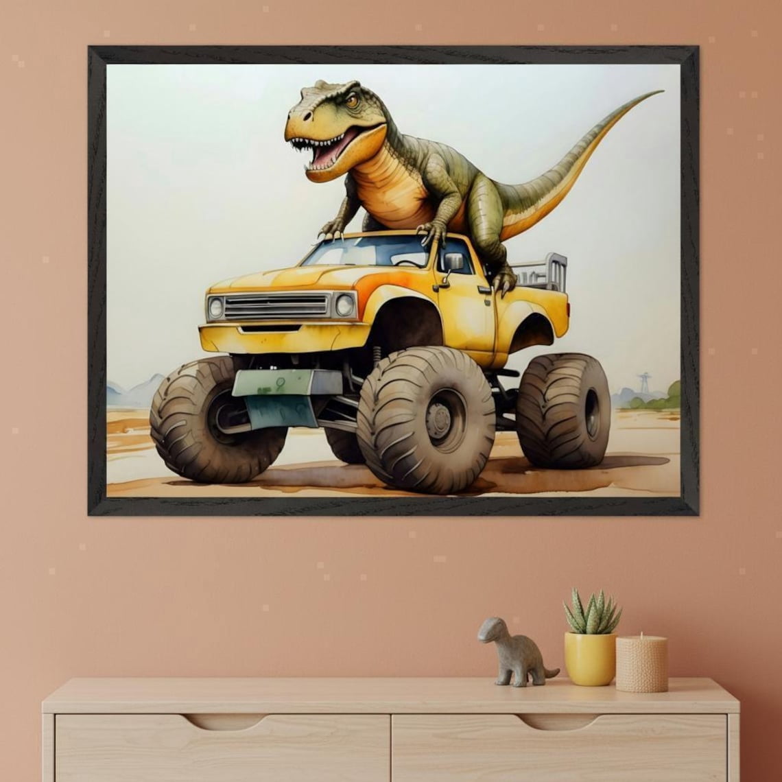 Dinosaur Monster Truck Wall Art Boys Room Nursery Decor Tyrannosaurus Rex Unframed Paper Poster 24x36in