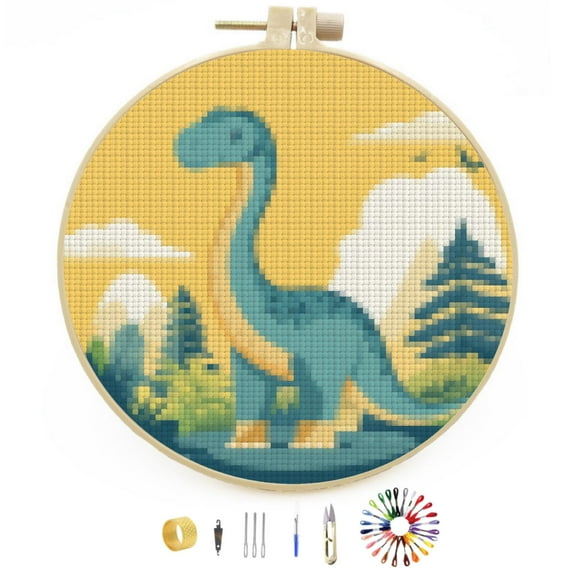 Dinosaur Mountain Tree Stamped Cross Stitch Kits for Beginners with Hoop Simple Patterns 11CT Counted Embroidery Needlepoint Crafts Arts for DIY Enthusiasts and Home Decor 26x26cm(2)