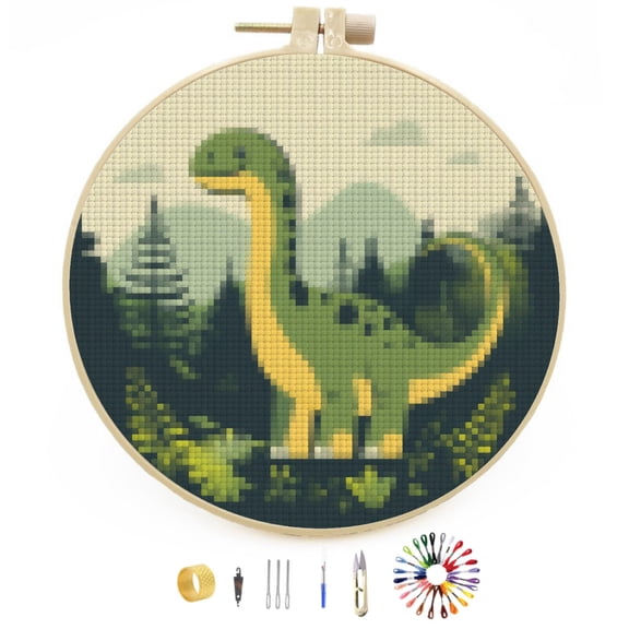 Dinosaur Mountain Tree Stamped Cross Stitch Kits for Beginners with Hoop Simple Patterns 11CT Counted Embroidery Needlepoint Crafts Arts for DIY Enthusiasts and Home Decor 26x26cm(1)