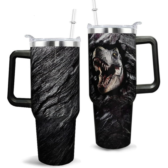 Dinosaur Mug 40 oz Tumbler with Handle and Straw Lid Leak Proof - 40 Ounce Tumbler for Jurassic Dino Dinosaur Birthday Decorations Party Supplies Stainless Steel Cup