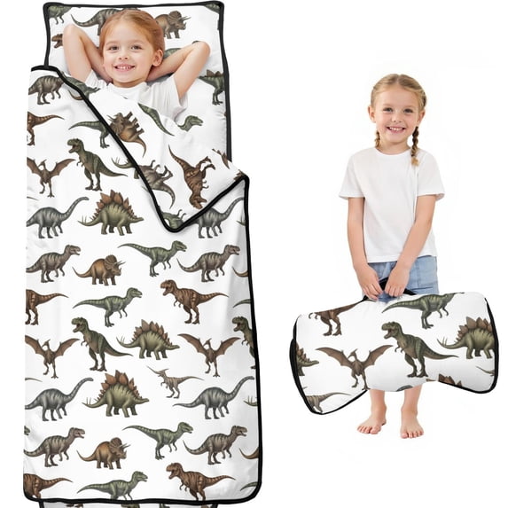 Dinosaur Names Chart Pattern Teens Toddler Nap Mat with Pillow, Sleeping Mat Bag for Preschool Daycare 59"x22"