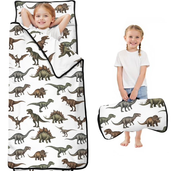 Dinosaur Names Chart Pattern Teens Toddler Nap Mat with Pillow, Sleeping Mat Bag for Preschool Daycare 60"x20"